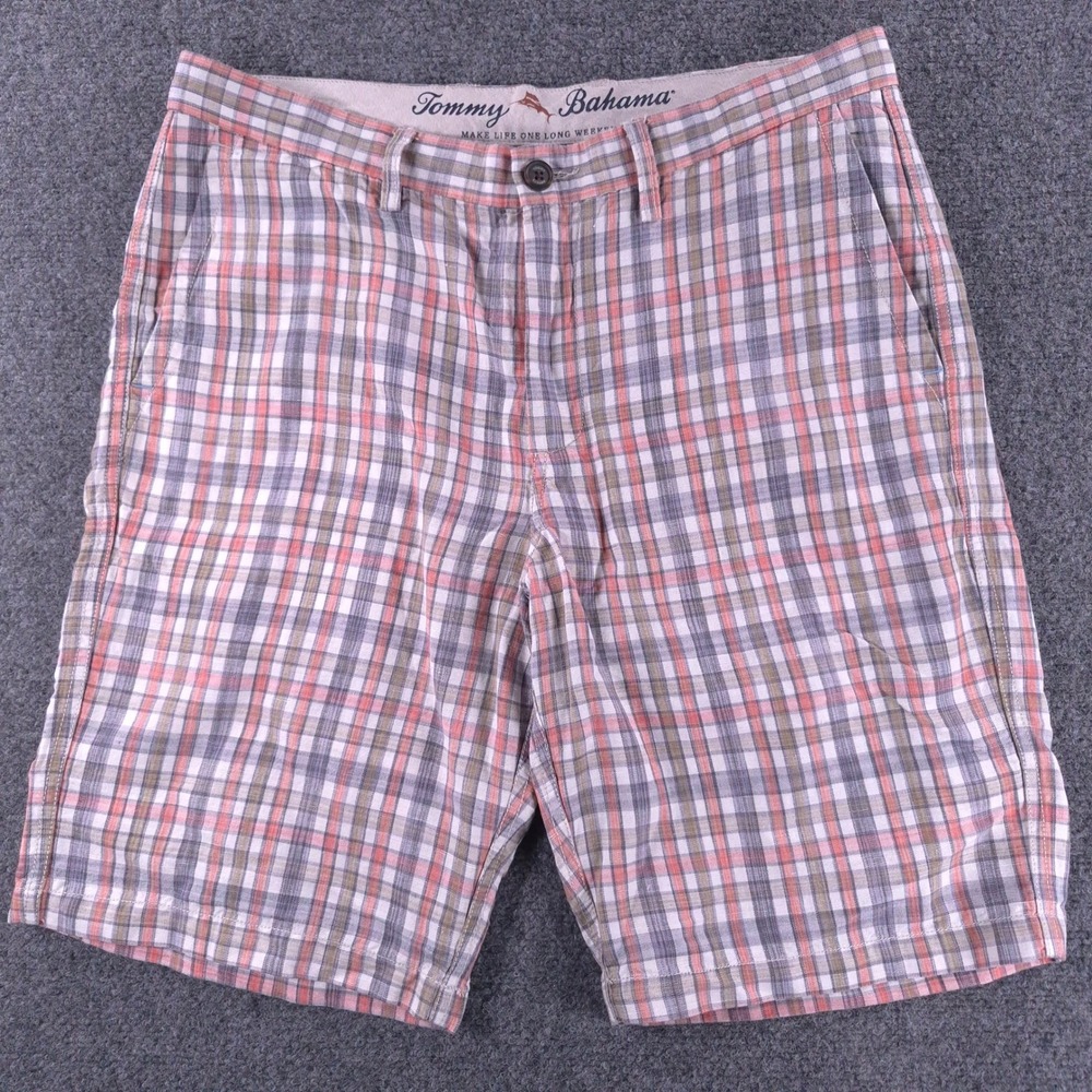 Tommy Bahama Mens 33 Plaid Linen Tencel Blend Shorts Coral Grey White Flat Front